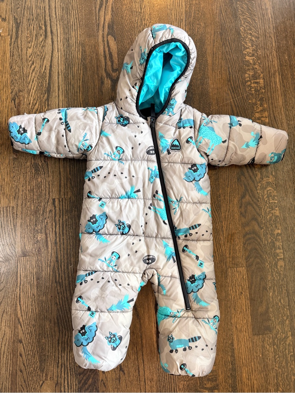 Burton Kids One-Piece Puffer Snowsuit in Light Gray with Blue Animal Print